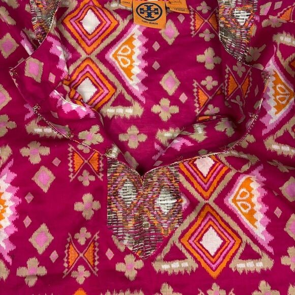 Tory Burch Tunic Top Pink Gold Beaded 3/4 Sleeve Geometric V-Neck Boho Beach 8 - Picture 4 of 8